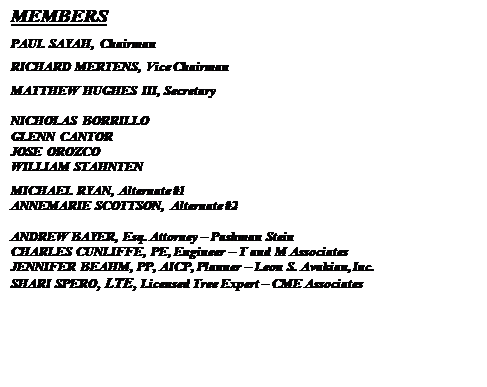 Text Box: MEMBERS
PAUL SAYAH, Chairman
RICHARD MERTENS, Vice Chairman
MATTHEW HUGHES III, Secretary

NICHOLAS BORRILLO
GLENN CANTOR
JOSE OROZCO
WILLIAM STAHNTEN
MICHAEL RYAN, Alternate #1
ANNEMARIE SCOTTSON, Alternate #2

ANDREW BAYER, Esq. Attorney  Pashman Stein
CHARLES CUNLIFFE, PE, Engineer  T and M Associates
JENNIFER BEAHM, PP, AICP, Planner  Leon S. Avakian, Inc.
SHARI SPERO, LTE, Licensed Tree Expert  CME Associates

